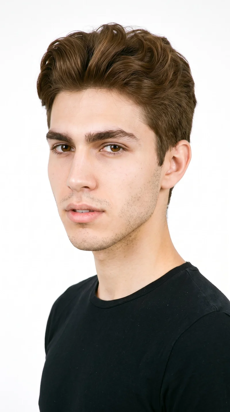 An 18-year-old Hispanic man with a medium, evenly warm skin tone and an olive-green undertone. His face has smooth, even, softer features in a refined balance, with thick eyebrows, brown eyes, and medium lips. His medium-brown hair is styled up and back at the front for height, with shorter sides, and fine, closely trimmed stubble lightly covers the beard area.