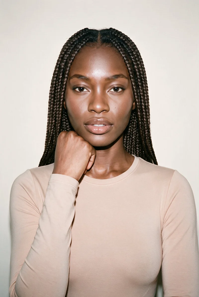 An 18-year-old African woman is shown in a front-facing bust composition wearing a nude bodysuit. Her wrist is held at her jaw, and she has a neutral facial expression. An Oyster Pearl studio-wall backdrop fills the background.