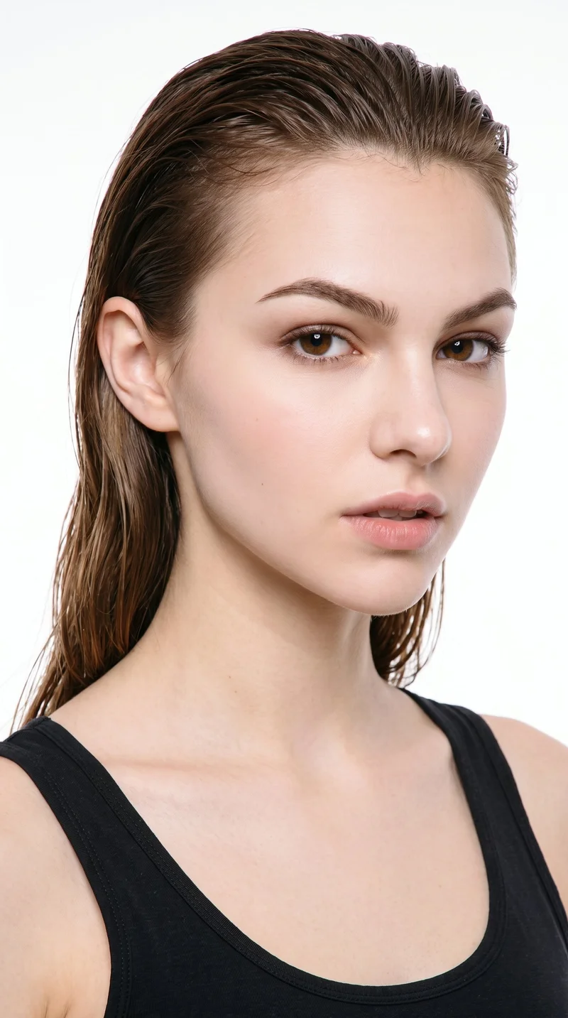 This 19-year-old Caucasian woman has lightly tanned, fair skin with a neutral undertone. Her heart-shaped face has a wider forehead that narrows to a more pointed chin. She has thin eyebrows, brown eyes, and thin lips. Her brown hair is styled close to the head with a glossy, freshly wet finish.