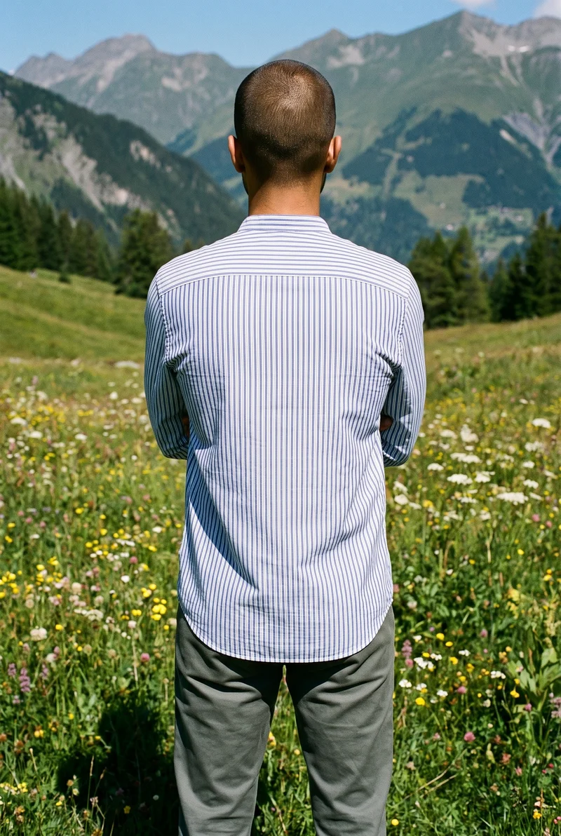 Striped Grandad Shirt, Three-quarter length at Back, Flash Editorial lighting