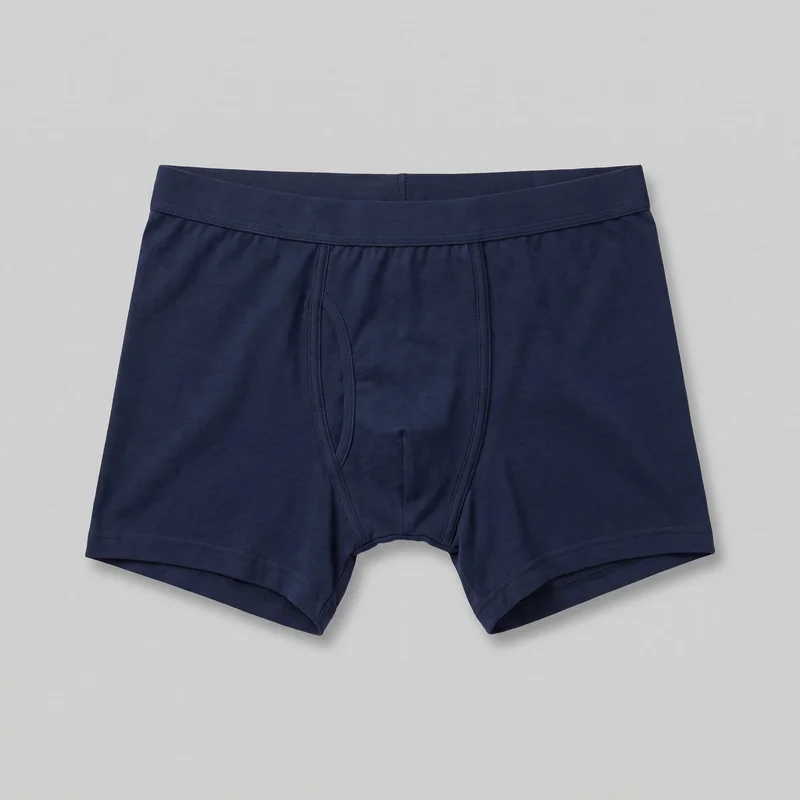 Navy cotton boxer-brief underwear laid flat in a complete front view. The underwear has a slim, body-hugging fit, a mid-rise straight elasticized waistband, short fitted legs, a contoured front pouch with vertical and curved panel seams, a central crotch seam, smooth side panels, and multiple rows of stitching along the waistband and leg openings.