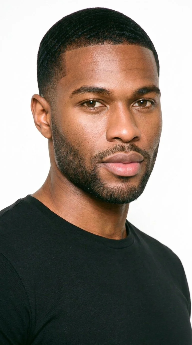 A 29-year-old African man with copper-brown skin and a neutral undertone has a softly balanced, refined face with medium-thick eyebrows and very full lips. His brown eyes and black hair are framed by close-cropped 360 waves brushed into continuous patterns around the head. He has short, even three-day beard growth with a clearly visible, closely groomed texture.