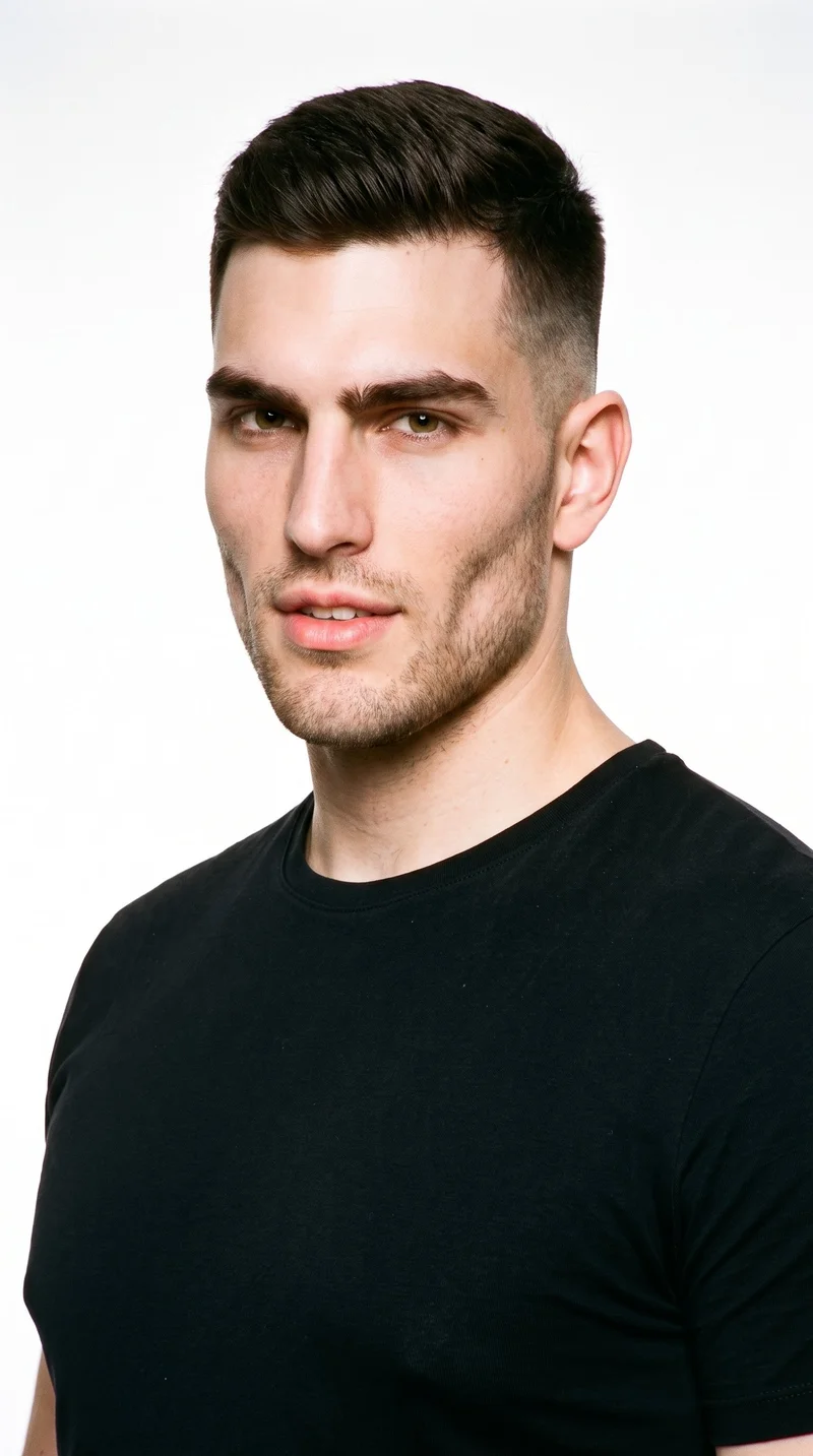 A 21-year-old Caucasian man with lightly tanned fair skin and a cool undertone. His chiseled face has sharp, angular features, a defined jaw, and pronounced cheekbones. He has thick eyebrows, brown eyes, and medium-sized lips. His dark-brown hair is styled in a fade, longer on top and tapering to very short sides that blend down to the skin. Fine, closely trimmed stubble lightly covers the beard area.