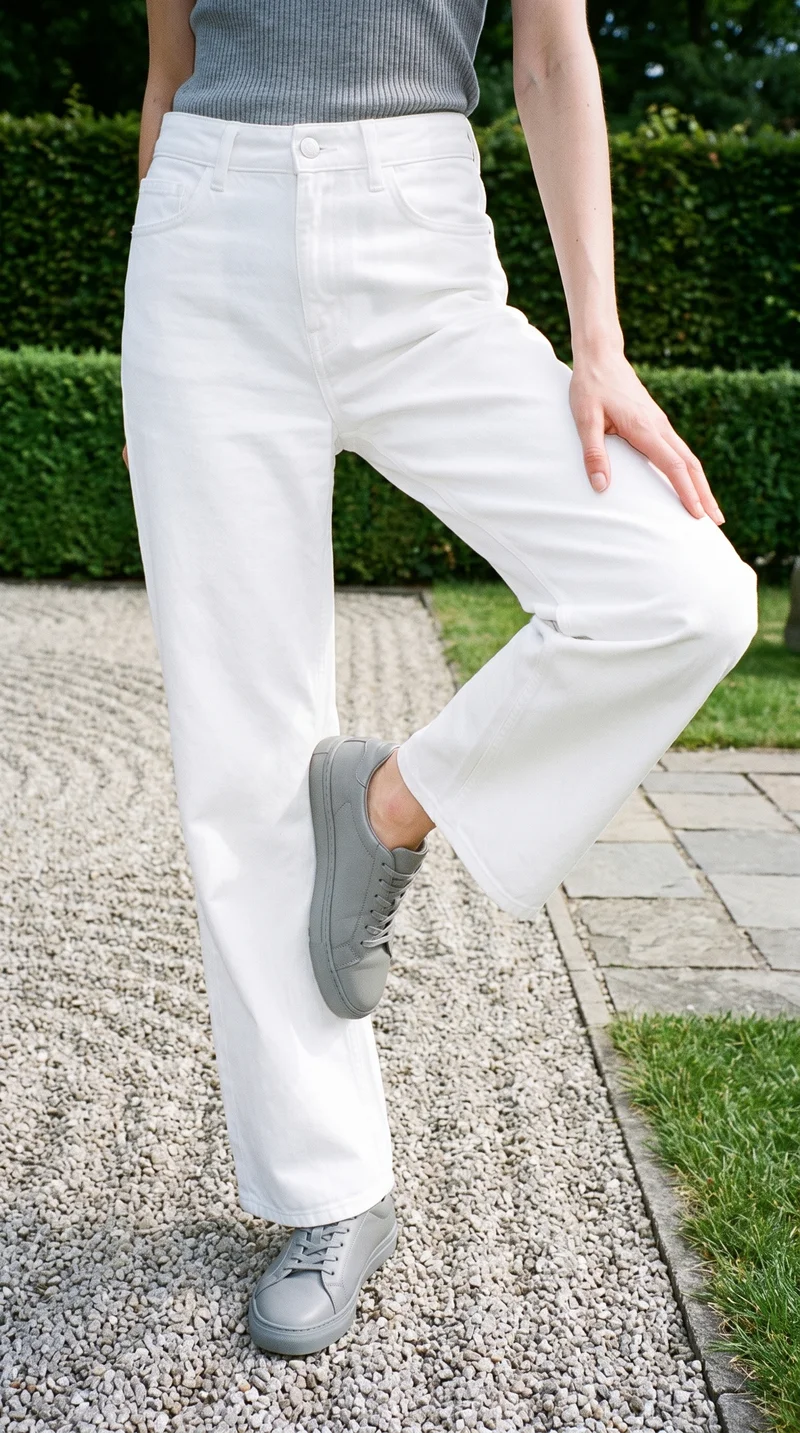 Women's White Wide-Leg Jeans, Lower body at Three-quarter, Clean Catalog lighting