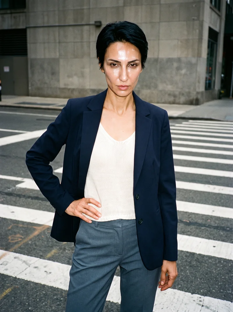 Women's Navy Wool Blazer, Three-quarter length at Front, Natural E-Commerce lighting