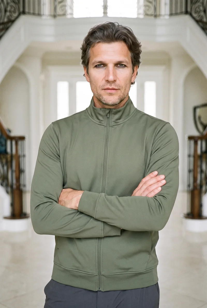 A 51-year-old Slavic man wears a men's olive tracksuit top in an upper-body composition. He is shown from a front three-quarter angle with his forearms folded and a natural facial expression. The backdrop is a mansion foyer.