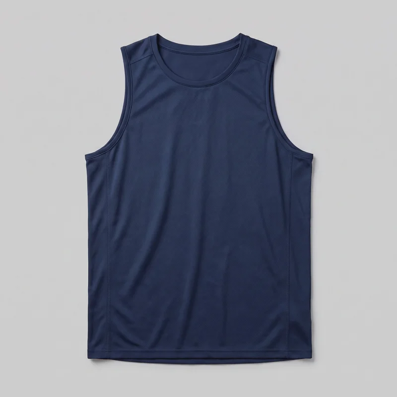 A mostly complete front view of a navy sleeveless athletic tank top laid flat. It has a regular straight silhouette, full-length body, round crew neckline, wide shoulder coverage, and deep cut armholes with narrow bound edges and visible stitching. Angled shoulder panel seams, vertical seams near both side panels, and a straight folded bottom hem are visible.