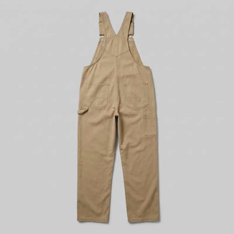 Men's khaki utility dungarees shown in a full standalone front view. The overalls have a high bib with a V-shaped upper seam, wide shoulder straps, straight full-length legs, curved side openings, visible metal side buttons, and stitched panel seams. Multiple pockets are shown, including two lower front patch pockets, upper-hip side-opening pockets, a utility loop, and a rectangular utility patch pocket on one leg.