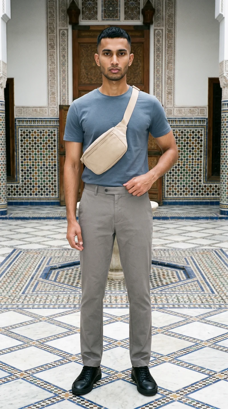 A 21-year-old Indian man wears a beige belt bag in a full-body front view, standing with one foot forward and a neutral expression. A Moroccan riad courtyard forms the backdrop.