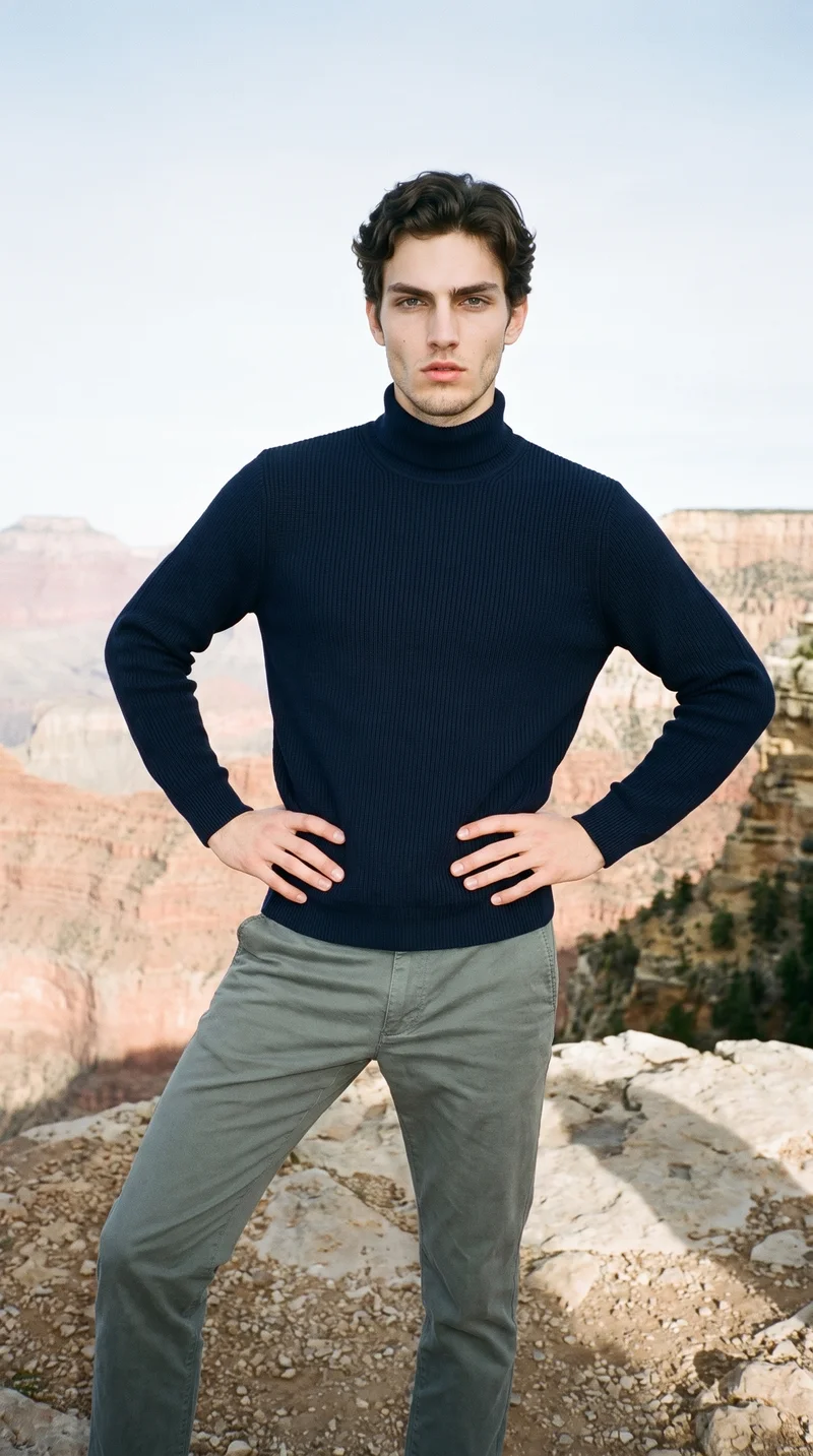 An 18-year-old Caucasian male model wears a navy ribbed turtleneck in a front-facing, three-quarter-length view. He stands with his hands on his waist and a confident expression against a Canyon Edge backdrop.