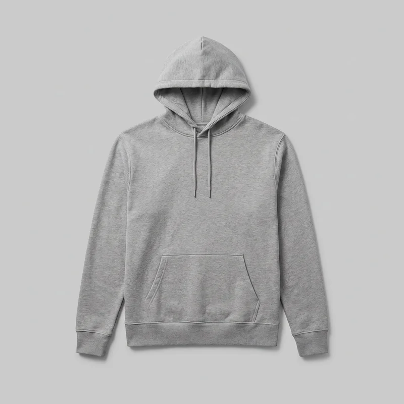 A complete front view of a grey pullover hooded sweatshirt laid flat against a backdrop. It has long sleeves, a hood with a center seam, turned edge, front drawstring channel, two hanging drawcords with visible tips, a kangaroo pocket with angled openings, ribbed cuffs, and a straight ribbed hem.