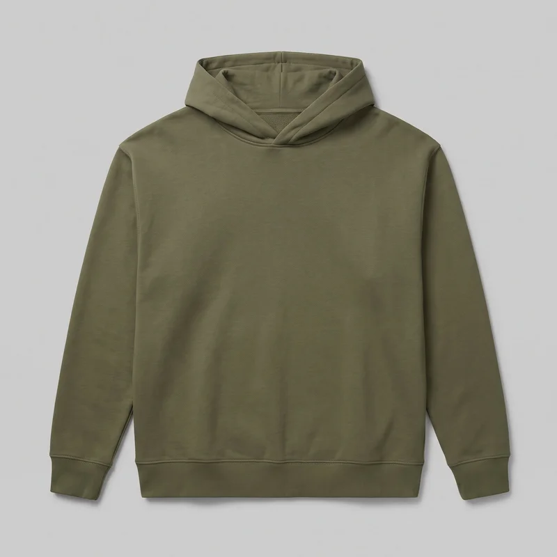 An olive oversized pullover hoodie is shown laid flat in a front standalone view. The hoodie has a plain front, long sleeves with dropped shoulders and ribbed cuffs, a two-layer hood with a crossover opening, and a ribbed straight bottom hem band.