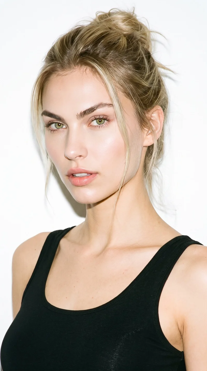 This 25-year-old woman of Slavic ethnicity has fair skin with a peach undertone. Her diamond-shaped face has a narrow forehead and jaw and is widest at the cheekbones. She has thin eyebrows, green eyes, and medium-sized lips. Her mid-tone blonde hair is gathered into a loose, messy bun with softly undone strands.