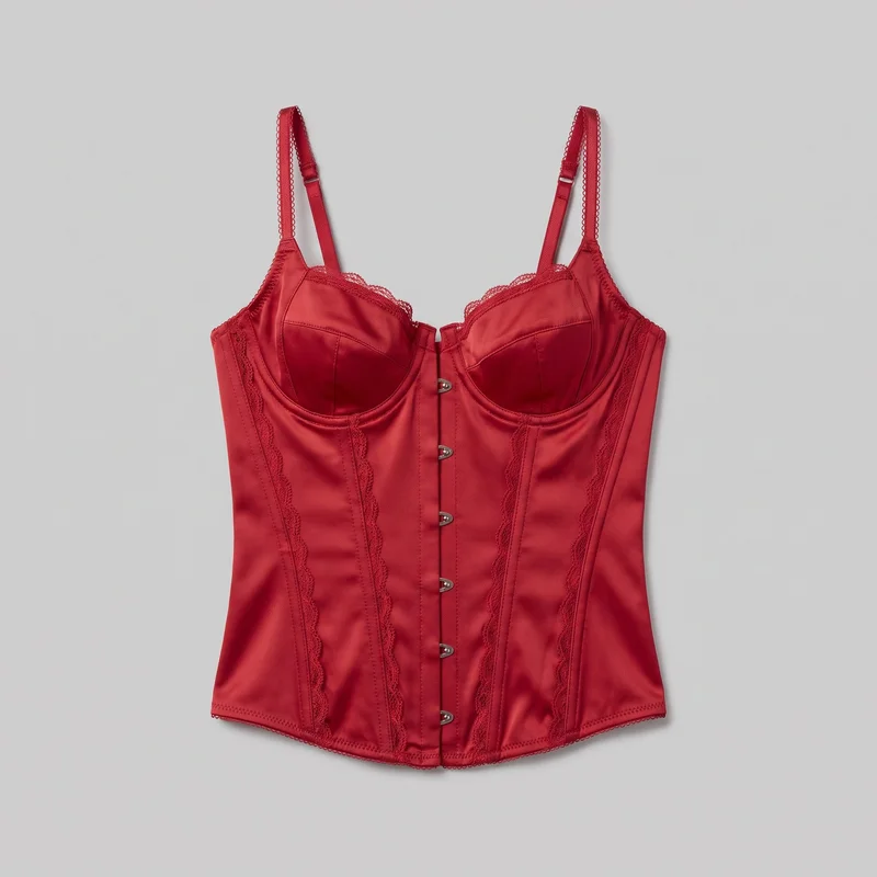 A red satin corset-style bustier is shown laid flat in a single front-facing view. The lingerie top has molded underwire cups with a sweetheart neckline, narrow adjustable shoulder straps, a structured bodice with vertical boning and shaping seams, a center hook-and-eye closure, and a slightly curved cropped hem finished with scalloped lace trim.