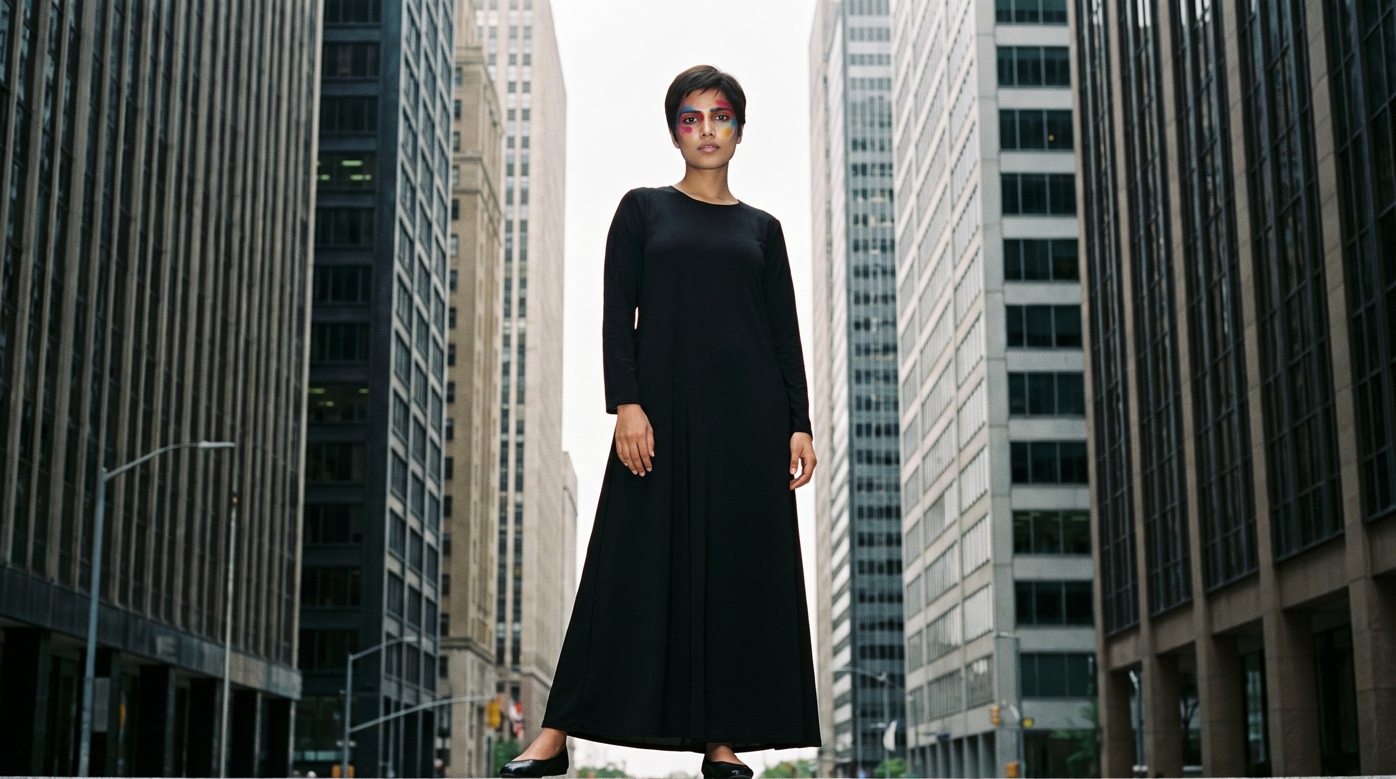 A 20-year-old Indian woman stands in a relaxed pose wearing a black classic abaya. She is shown in a full-body front view with a serious expression against a Financial District urban canyon backdrop.