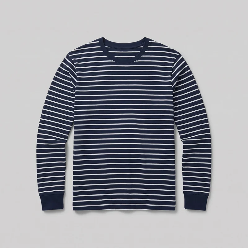 A mostly complete front view of a navy long-sleeve crewneck T-shirt shown as a standalone product. The regular-fit shirt has evenly spaced narrow horizontal stripes, set-in shoulders, ribbed sleeve cuffs, a rounded ribbed neckband, and a straight hem with visible stitching.