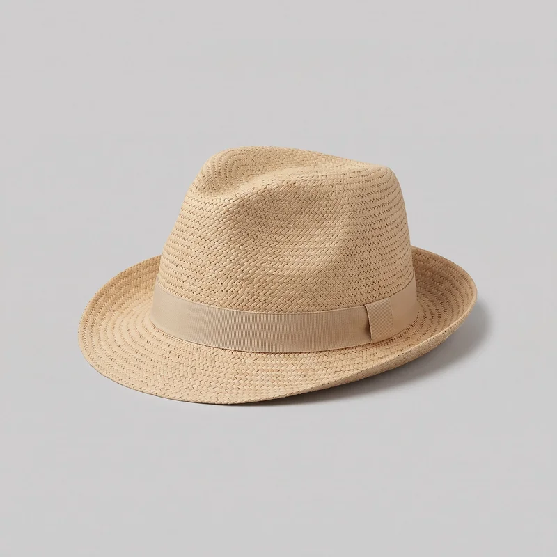 A single beige woven straw fedora is shown as a standalone product in three-quarter view. It has a structured pinched crown with a creased top, a continuous brim that curves slightly upward at the edges, an all-over braided weave, concentric stitched rows on the brim and crown top, and a wide grosgrain band with a flat folded tab at the side.