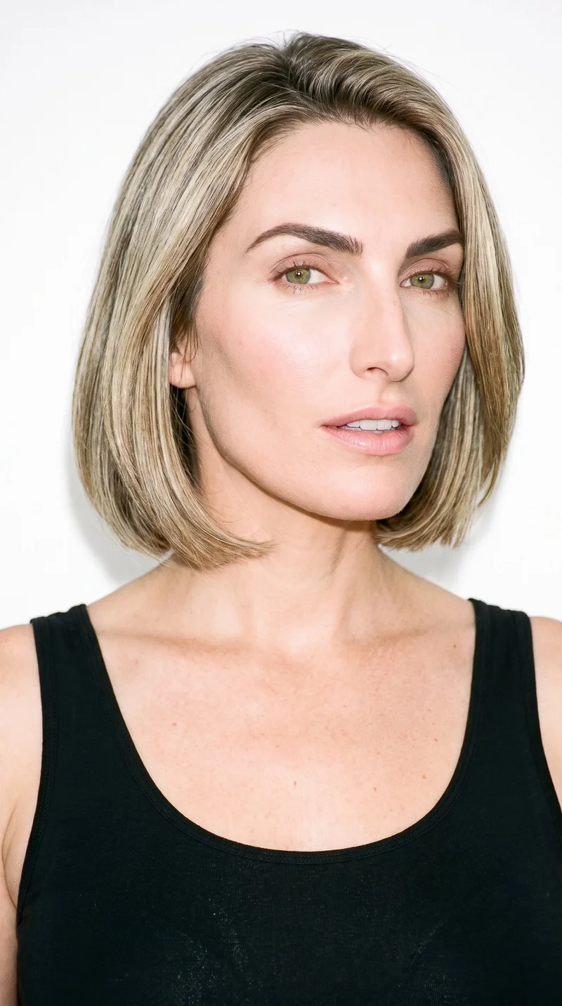 A 40-year-old Caucasian woman with fair skin and a peach undertone has a refined, elongated face with high cheekbones. Her thick eyebrows frame her green eyes, and she has thin lips. Her darker, slightly muted blonde hair is cut in an even bob reaching from the jaw to the chin.