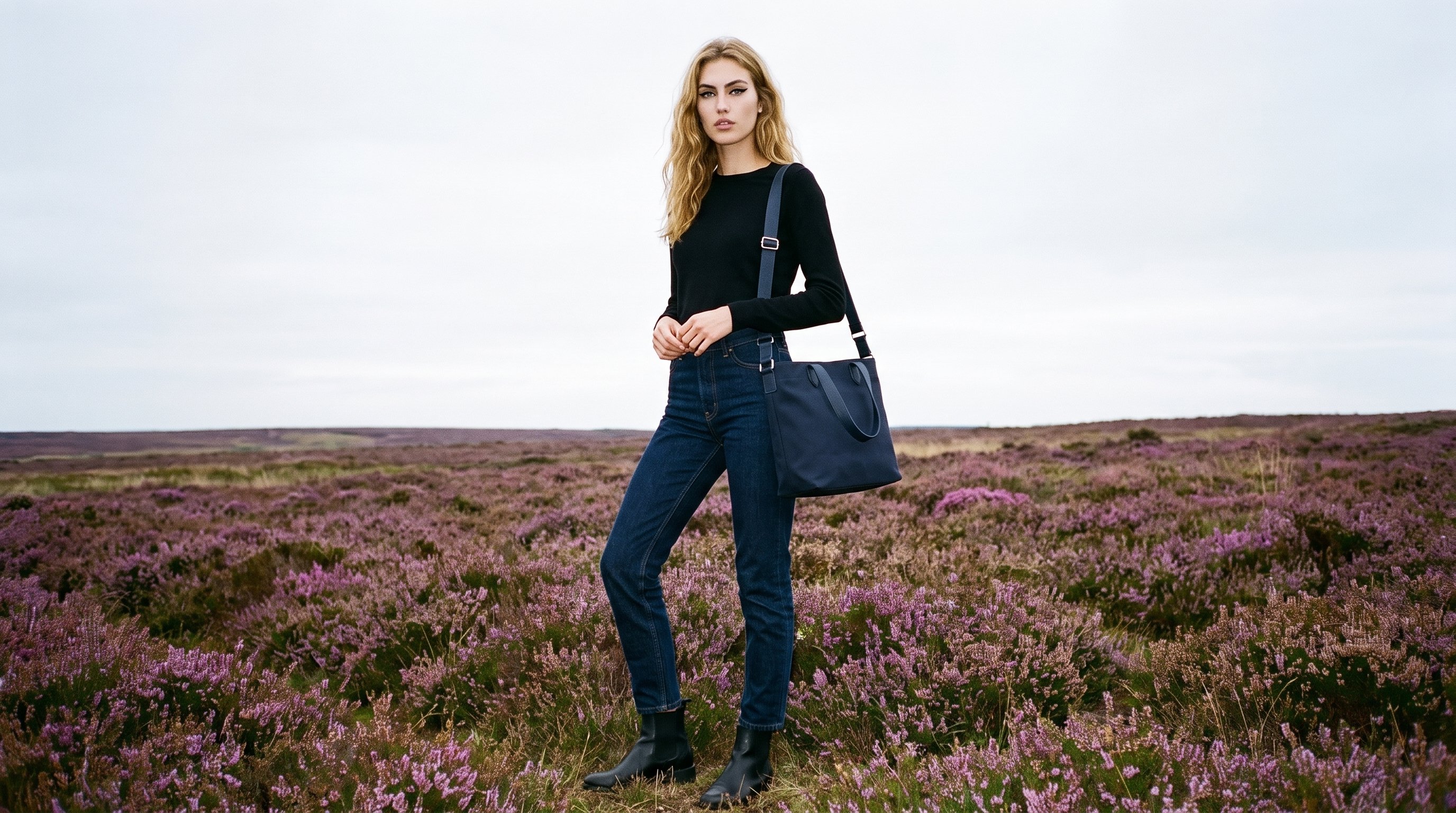 A 25-year-old Caucasian woman is shown full body from an angled front view with her hands held in front, wearing and displaying a navy shopper tote. Her expression is neutral, and a Scottish Highlands moor serves as the backdrop.