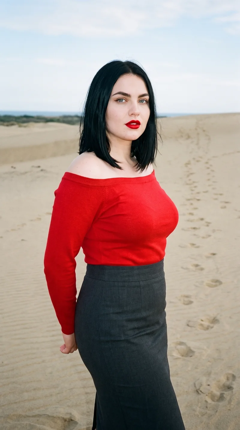 A 29-year-old Slavic woman wears a red Bardot top in a three-quarter-length frame, shown from a front three-quarter angle with her hands behind her back. The backdrop is labeled Sand Dunes Footprints.