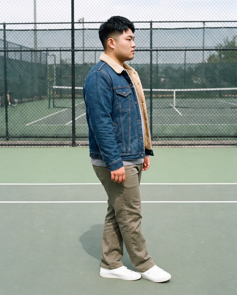 An 18-year-old Japanese man wears a men's sherpa-lined denim jacket in a full-body side view, posing with one hip out and an intense expression. A tennis court serves as the backdrop.