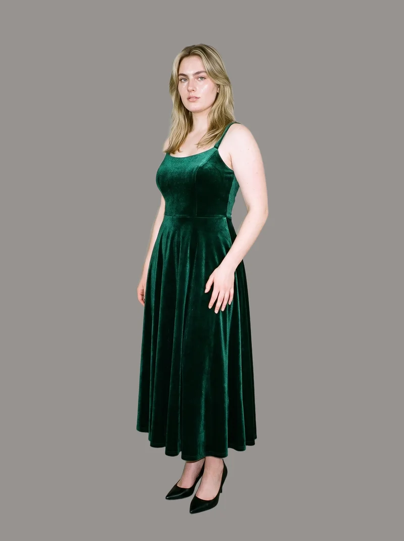 Emerald Velvet Evening Gown, Full body at Three-quarter, Studio Cutout lighting