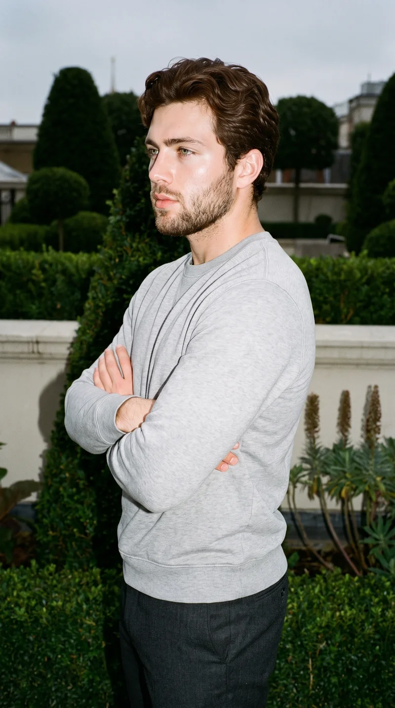 A 22-year-old Caucasian man wears a grey crewneck sweatshirt in an upper-body side view with his arms crossed and a serious expression. The backdrop is a formal rooftop garden.
