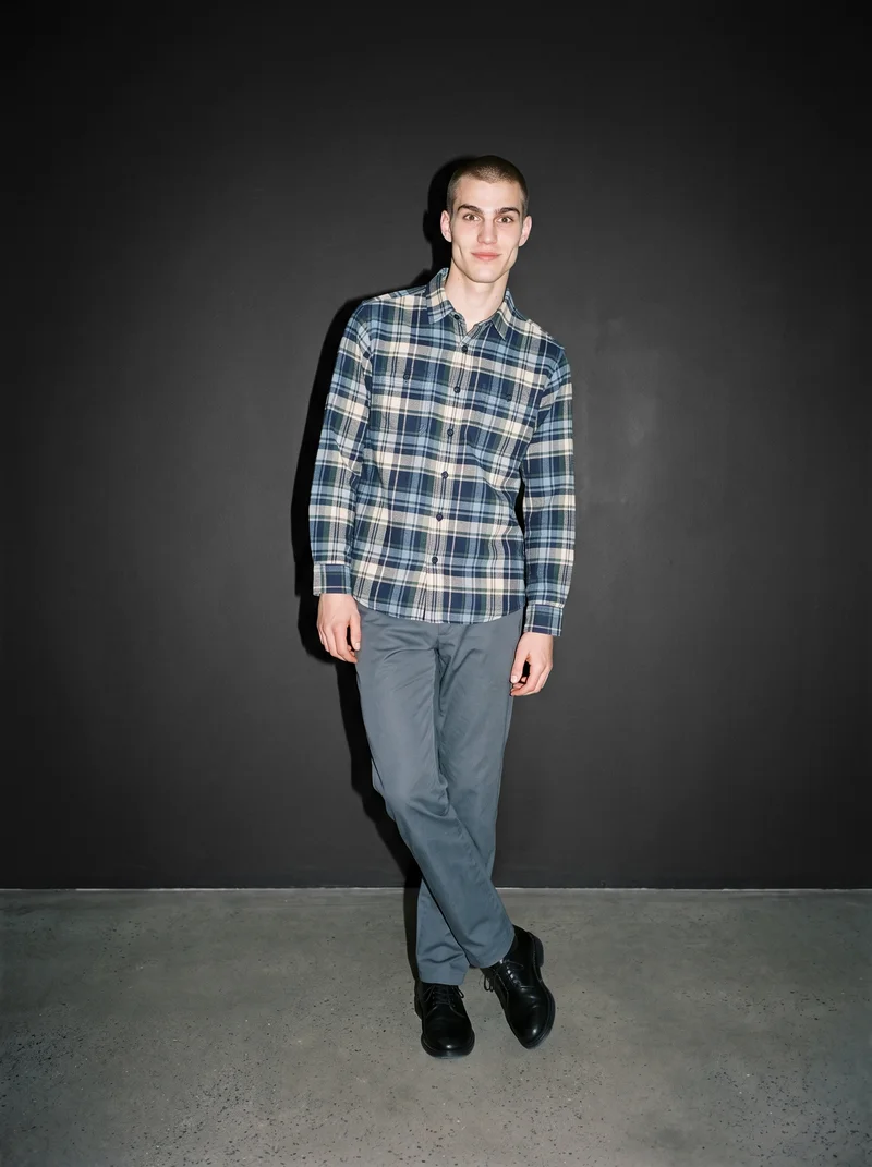 Blue Tartan Flannel Shirt, Full body at Three-quarter, Flash Editorial lighting