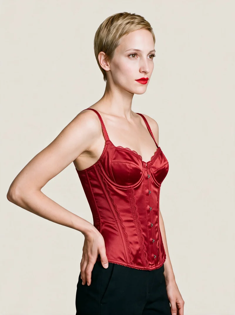 A 25-year-old Caucasian woman wears a red satin basque in an upper-body, angled-front view. One hand rests on her hip, and she has a serious expression against an Oyster Pearl flat-color backdrop.