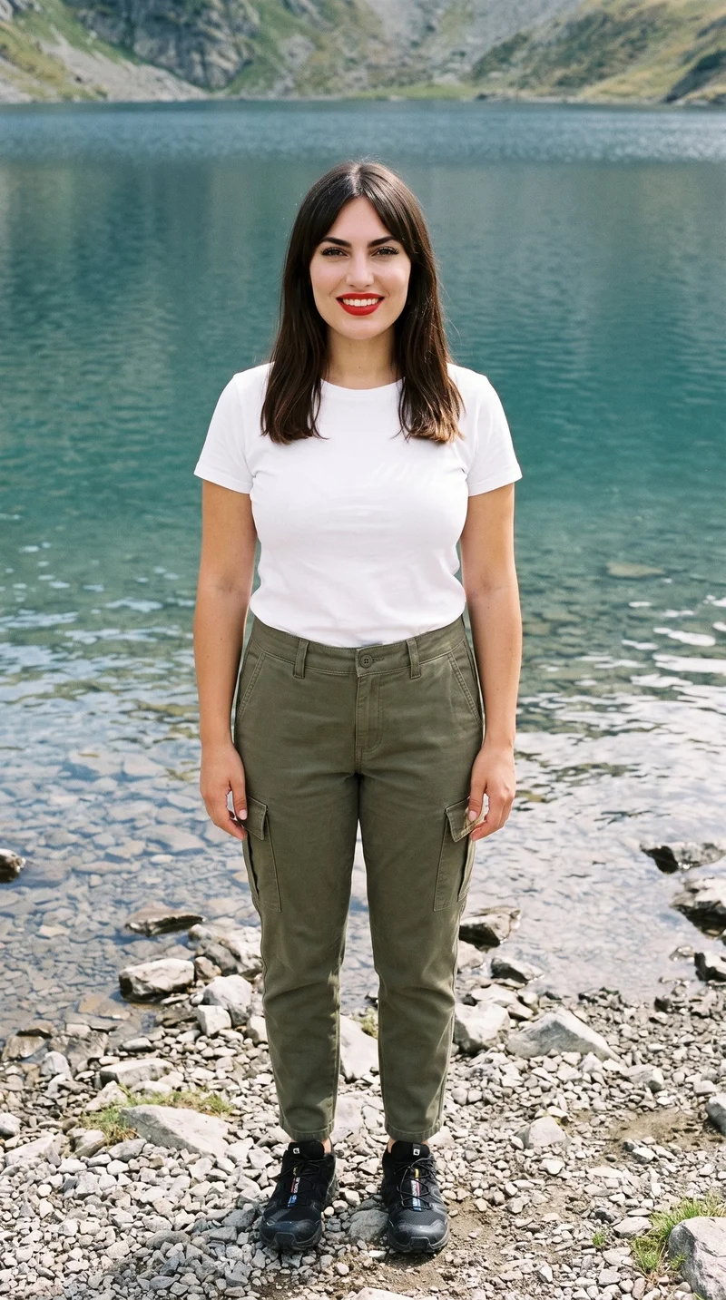 A 33-year-old Caucasian woman stands straight in a full-body front view, wearing women's olive utility cargo pants and smiling. An alpine lake shore forms the backdrop.