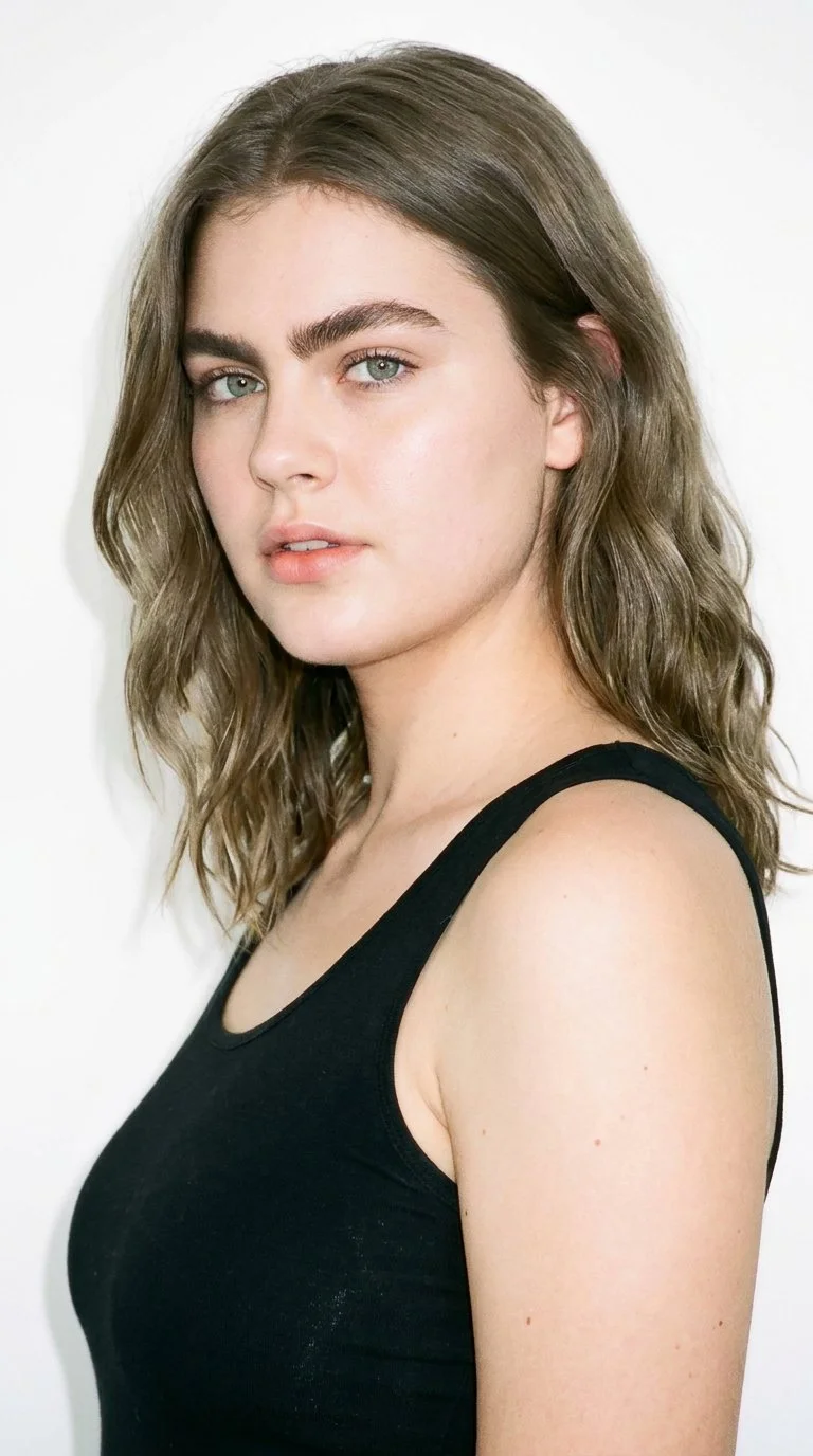 A 21-year-old Caucasian woman with fair skin and a peach undertone has a round face with soft, full contours and gentle curves. She has thick eyebrows, medium lips, and blue eyes with a cool undertone. Her ash-brown hair has a cool undertone and falls in loose, slightly tousled waves with natural volume.