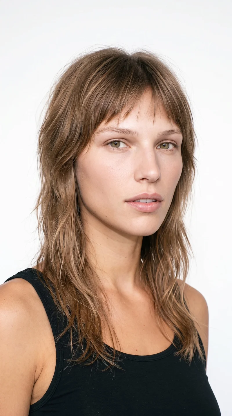 This 23-year-old Caucasian woman has lightly tanned, fair skin with a warm golden undertone. Her face has an inverted-triangle shape, with a wider forehead narrowing toward the chin and emphasis on the upper face. She has thin eyebrows, green eyes, and medium-sized lips. Her light-brown hair is styled in a wolf cut with layered volume at the crown and tapered, textured lengths.