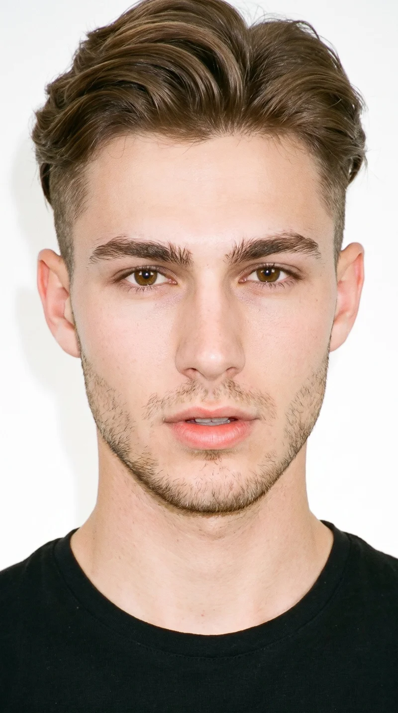 This 18-year-old Caucasian man has porcelain skin with a warm golden undertone and smooth, softer facial features in a refined balance. His face has medium-thickness eyebrows, brown eyes, and full lips. His brown hair is styled in an undercut, with longer hair on top contrasting markedly with shorter sides and back. Fine, closely trimmed stubble lightly covers the beard area.