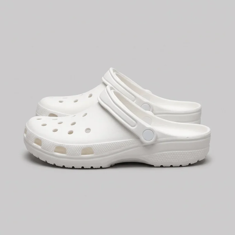 A pair of white low-profile slip-on clogs is shown in a three-quarter side view, with one shoe overlapping the other. Each clog has a rounded closed toe with multiple ventilation holes, larger rectangular openings along the sidewall near the toe and forefoot, a wide pivoting backstrap with circular side attachments, and a molded platform sole with a raised textured edge and lugged tread.