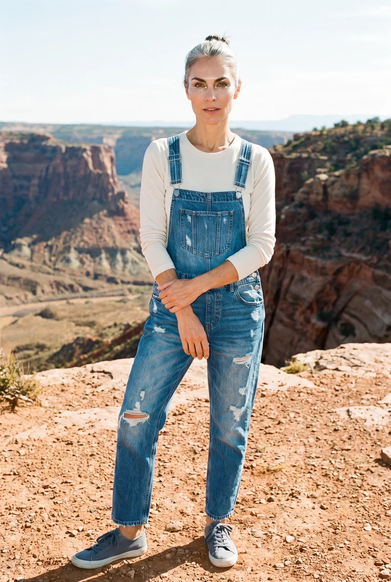 Women's Distressed Denim Dungarees, Full body at Front, Clean Catalog lighting