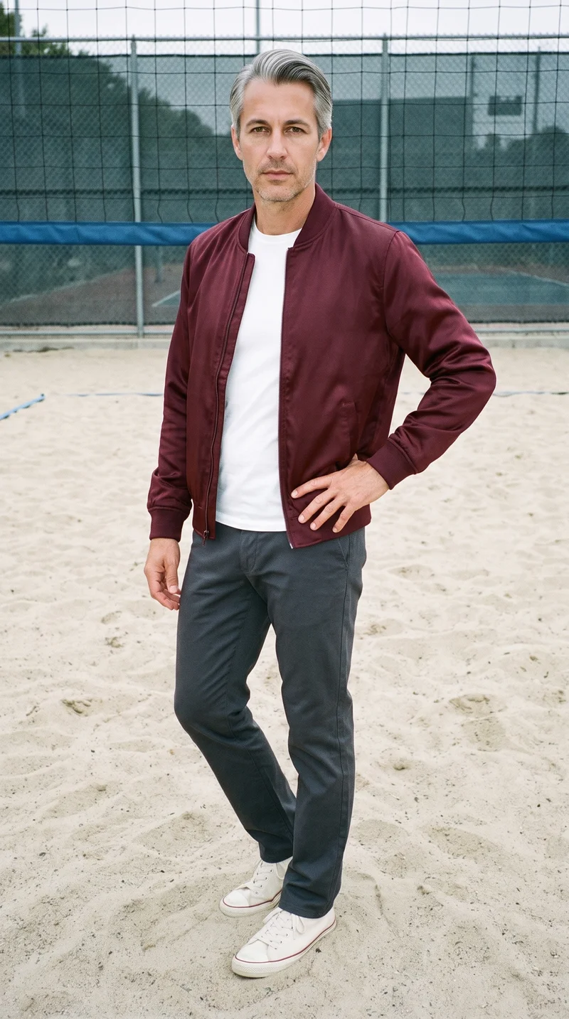 A 45-year-old Caucasian man wears a burgundy satin bomber jacket in a full-body view from a front three-quarter angle. He stands with his weight back and a neutral facial expression against a beach volleyball court backdrop.