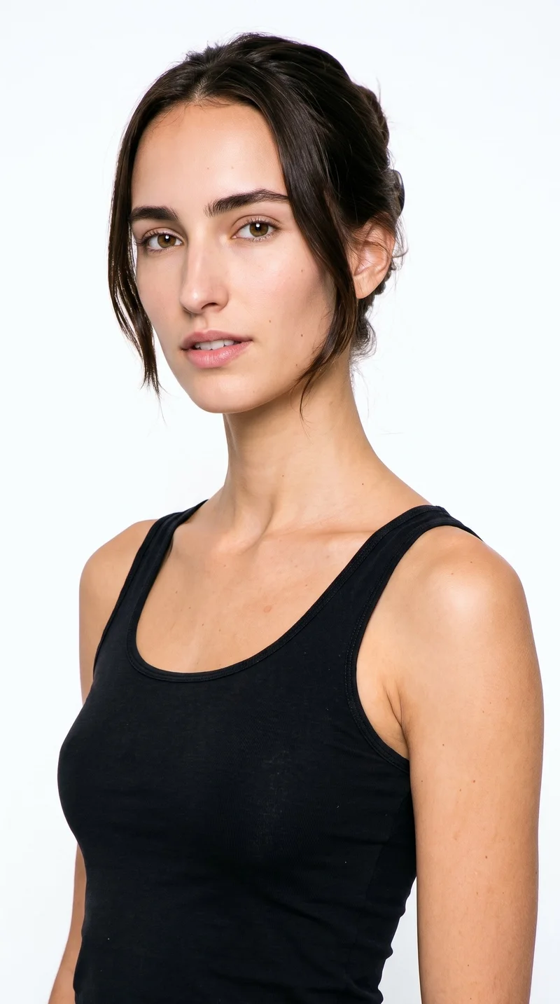 A 20-year-old Caucasian woman with lightly tanned fair skin and a warm golden undertone. Her face is long, with more length than width, a tall forehead, and elongated cheeks. She has thick eyebrows, hazel eyes with green-gold flecks, and thin lips. Her dark-brown hair is twisted up and secured with a claw clip, with relaxed ends.