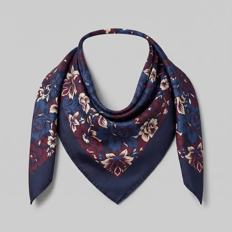 A square men's silk scarf is shown in a looped diamond-like drape, with one pointed corner hanging at the center front and two side corners hanging down. The scarf has an all-over floral and leaf print with larger motifs across the fabric and near the corners, finished with a narrow stitched perimeter. No closures, logos, patches, embroidery, or applied embellishments are visible.