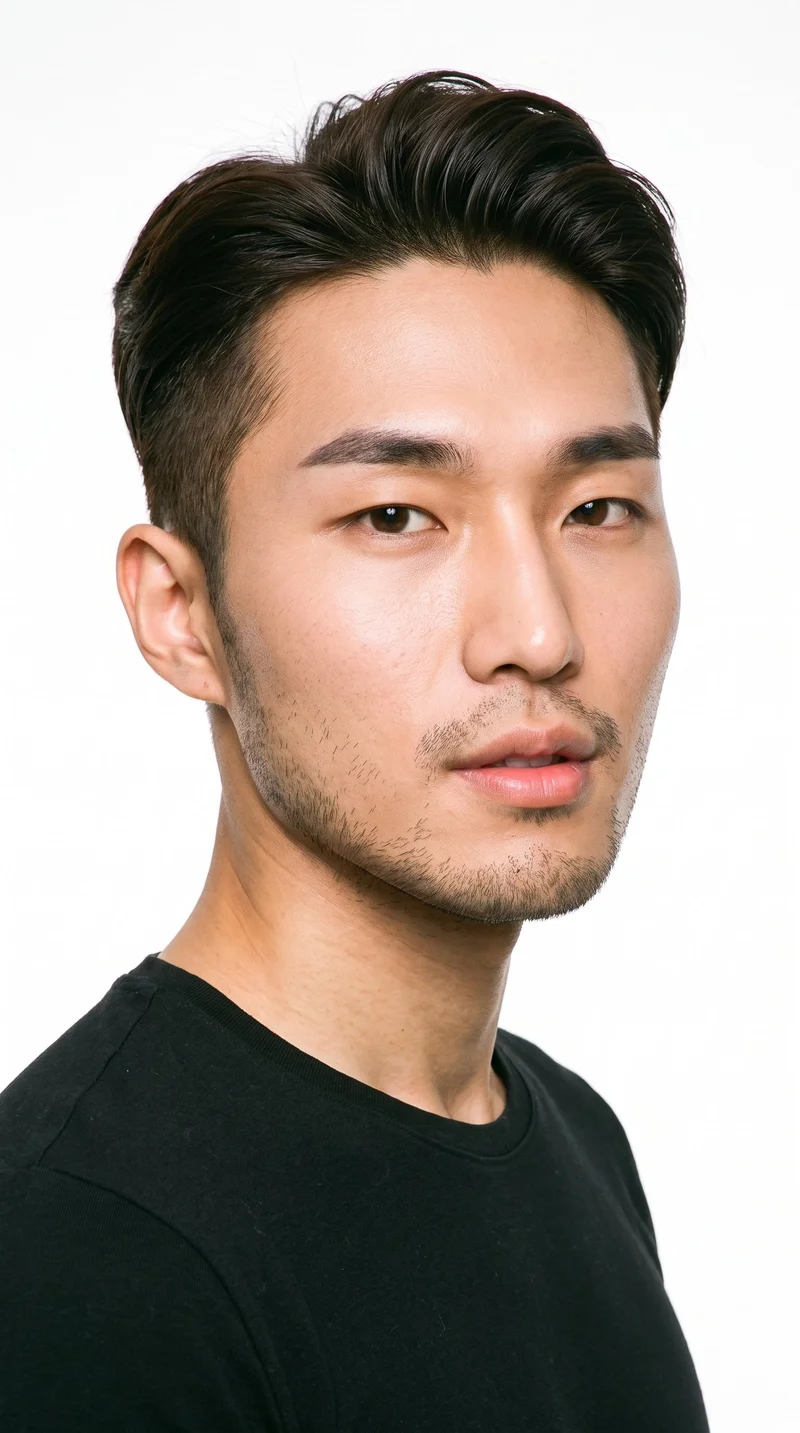 A 23-year-old Korean man with a light-tan, warm-yellow skin undertone and an oval face defined by balanced proportions and a softly rounded jaw. He has thin eyebrows, brown eyes, and full lips. His dark-brown hair is styled in an undercut, with longer hair on top and markedly shorter sides and back. Fine, closely trimmed light stubble lightly covers the beard area.