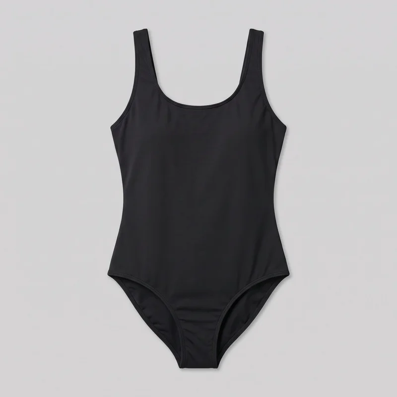 A complete flat view of a black women's tank-style one-piece swimsuit. It has a scoop neckline, wide fixed shoulder straps, sleeveless arm openings, a smooth front, and a brief-style lower section with curved leg openings. Narrow bound edges and visible stitching finish the neckline, armholes, strap ends, and leg openings.
