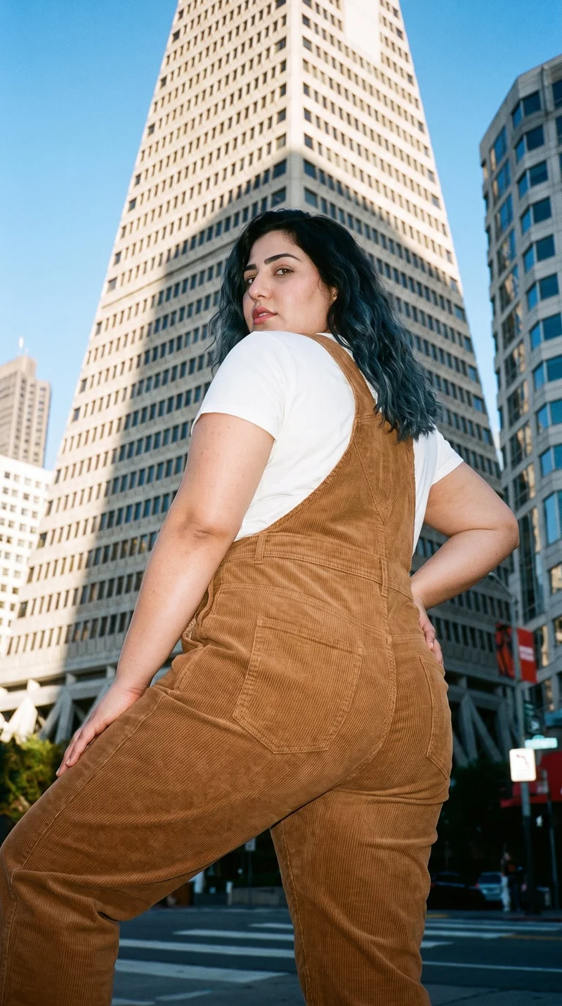 A 23-year-old Arab woman wearing women's corduroy dungarees is shown in a three-quarter-length angled rear view with one hand on her hip. A pyramid building forms the low-angle backdrop.