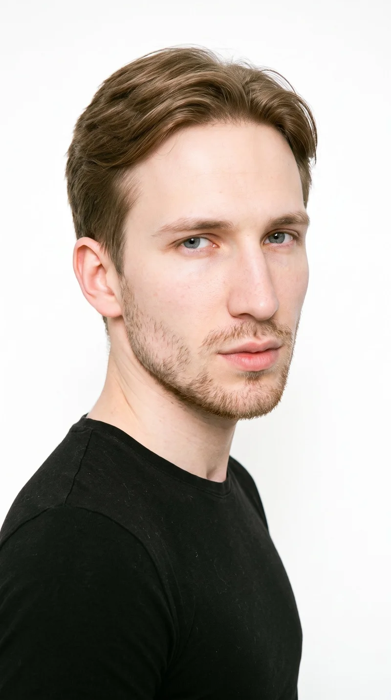 A 22-year-old Slavic man with pale skin and a neutral undertone has a long face, defined by a tall forehead and elongated cheeks. His medium-thickness eyebrows frame blue eyes with a cool undertone, and he has full lips. His light-brown hair is styled in a taper, gradually shortened at the sides and neckline while retaining length on top. Dense, heavy stubble forms a dark, defined layer across the beard area.