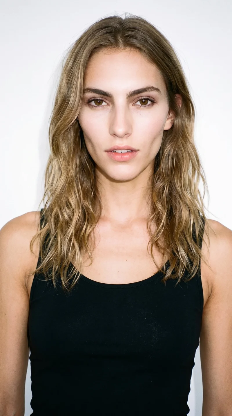 This 19-year-old Caucasian woman has a medium skin tone with a cool undertone and an angular face defined by prominent cheekbones and a sharp jawline. She has thick eyebrows, brown eyes, and medium-sized lips. Her dark-blonde hair falls in loose, slightly tousled waves with natural volume.