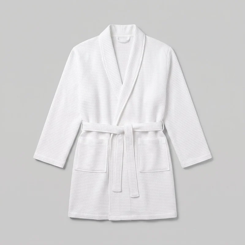 A white women's waffle-textured wrap bathrobe is shown in a standalone front view. It has a shawl collar with a deep V-shaped opening, long straight sleeves, overlapping front panels, an integrated self-tie belt at the waist, and two rectangular patch pockets on the lower front.