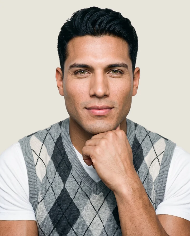 A 27-year-old Hispanic man is shown in a front-facing bust composition wearing a men's grey argyle sweater vest. His wrist is positioned at his jaw, and he has a natural facial expression. The image uses an Oyster Pearl flat-color backdrop.