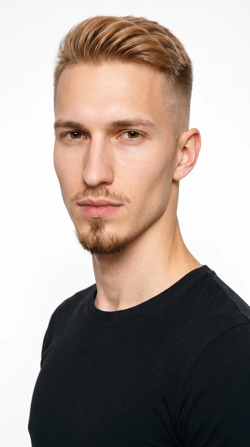 A 21-year-old Caucasian man with a medium, neutral-toned complexion and a long face shaped by a tall forehead and elongated cheeks. He has thin eyebrows, brown eyes, and medium-sized lips. His warm honey-blonde hair is styled in a fade, tapering from longer hair on top to very short sides that blend down to the skin. A compact goatee is centered on his chin, while his cheeks are clear.