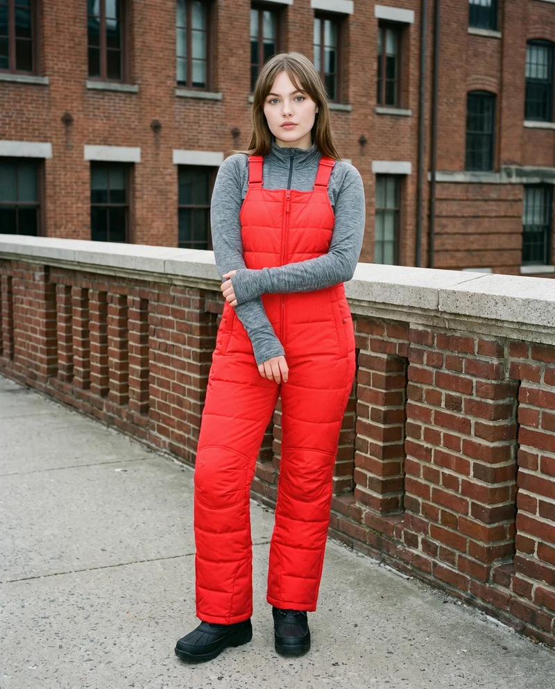 Women's Red Padded Salopettes, Full body at Front, Clean Catalog lighting