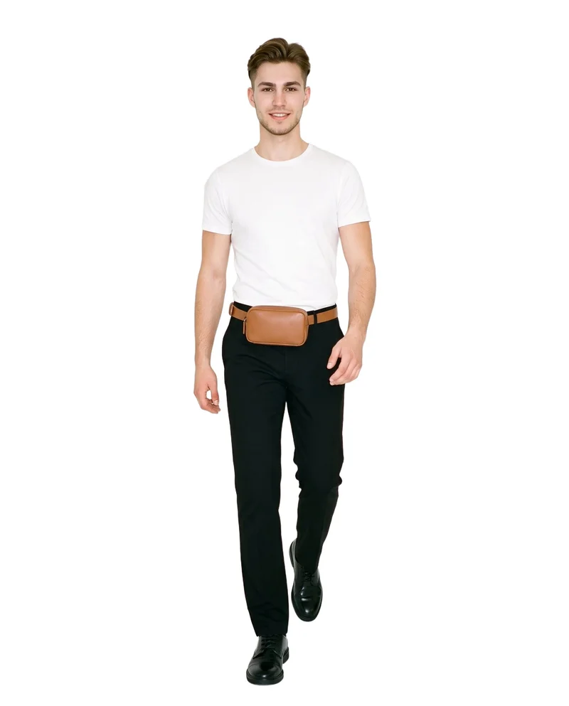 Men's Tan Leather Belt Bag, Full body at Front, Studio Cutout lighting