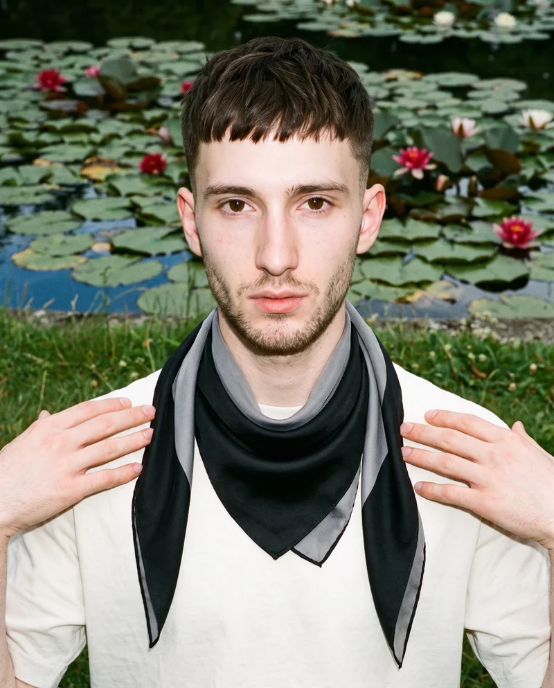 Men's Black Silk Scarf, Bust at Front, Clean Catalog lighting