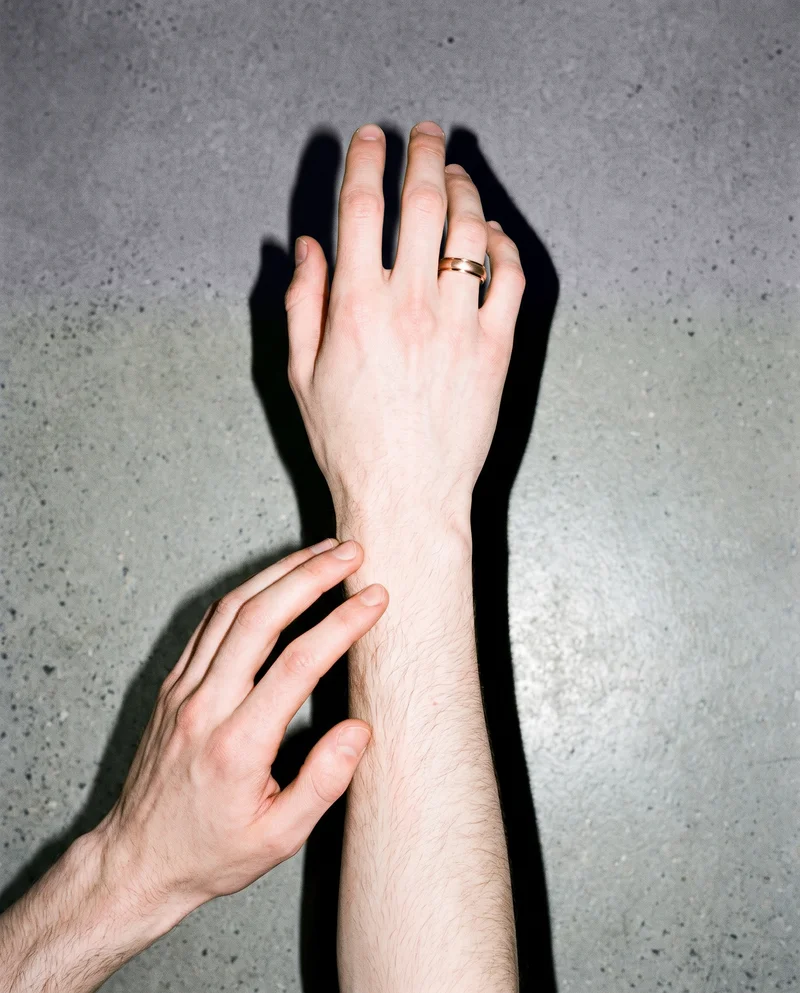 Men's Rose Gold Band, Hand and wrist at Top, Flash Editorial lighting